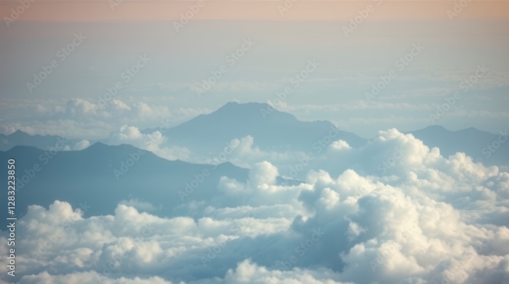 Mountains rise above a soft blanket of clouds in a scenic aerial view at dawn. Mountains rise above a soft blanket of clouds in a scenic aerial view at dawn.