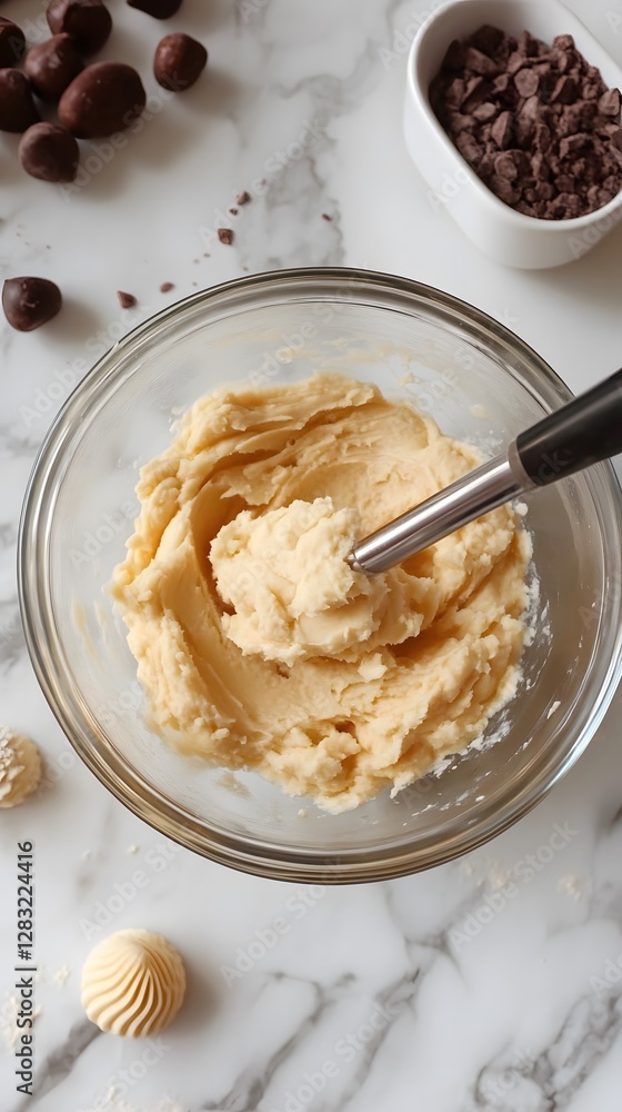 Close-up of creamy cookie dough in a glass bowl, surrounded by chocolate chips and nuts. Close-up of creamy cookie dough in a glass bowl, surrounded by chocolate chips and nuts.