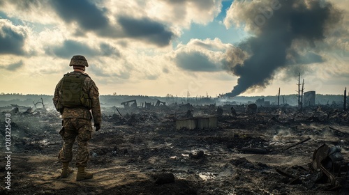Wallpaper Mural A soldier stands alone in a war-torn landscape under a smoky sky, reflecting on the aftermath of destruction and loss. Torontodigital.ca