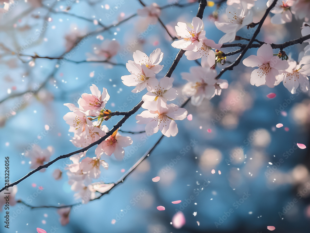 A Blooming Cherry Blossom Tree with Soft Pink Petals Falling