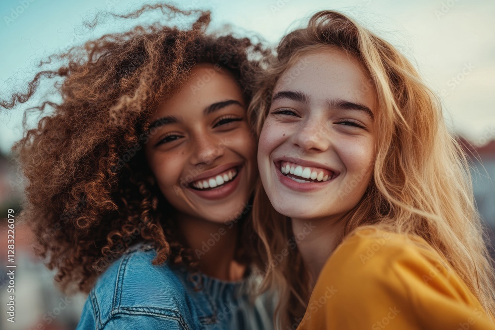 Two friends smiling brightly together at sunset on a rooftop in the city enjoying a joyful moment of friendship. Generative AI Two friends smiling brightly together at sunset on a rooftop in the city enjoying a joyful moment of friendship. Generative AI