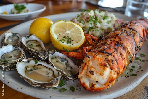 Seafood platter, oysters, lobster, lemon, restaurant meal photo