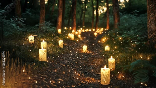 Pathway illuminated by candles amidst trees in a serene forest at twilight
