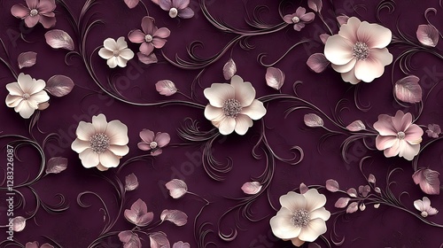 Ornate floral scrolls with soft white and blush pink flowers, delicately arranged in a seamless pattern over a deep aubergine background.