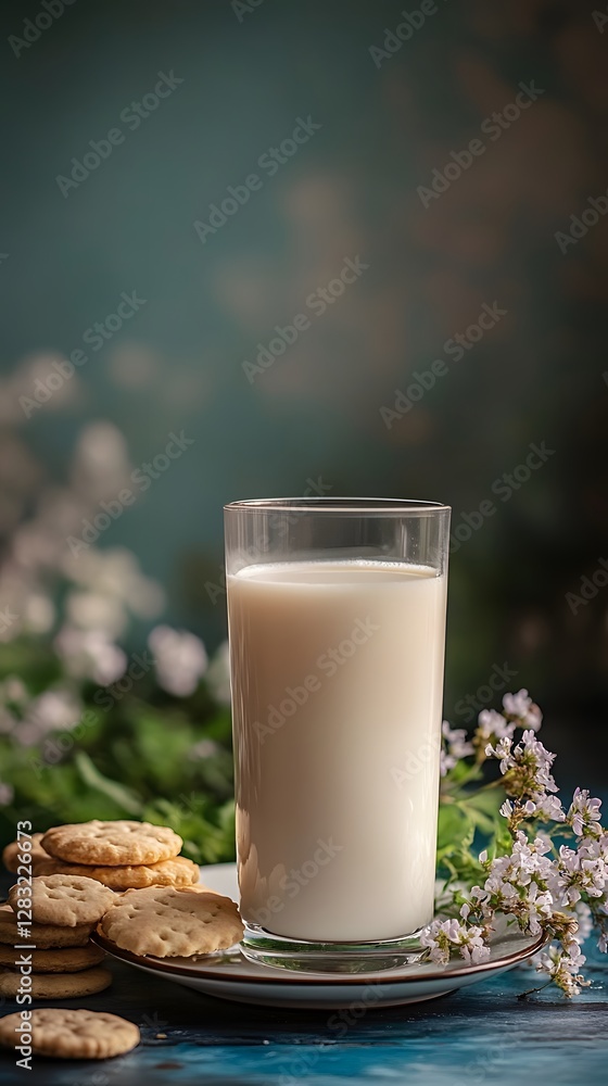 A refreshing glass of milk with cookies and flowers in a cozy setting. A refreshing glass of milk with cookies and flowers in a cozy setting.