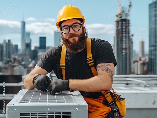 Bearded Male Technician in Hard Hat Working on Rooftop Air Conditioning Unit with City Skyline View