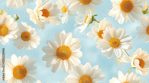 A seamless pattern of white and soft yellow pastel daisies scattered across a light sky-blue background, gentle watercolor strokes, breezy and airy floral arrangement, soft petal textures,