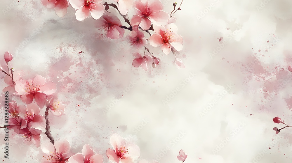 Fototapeta premium Airy cherry blossom floral pattern, hand-painted pastel pink petals drifting over a soft watercolor wash, delicate floating elements, seamless springtime elegance,