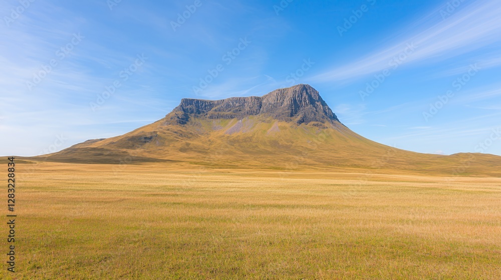 Expansive Field with a Rugged Mountain Under a Bright Blue Sky Expansive Field with a Rugged Mountain Under a Bright Blue Sky