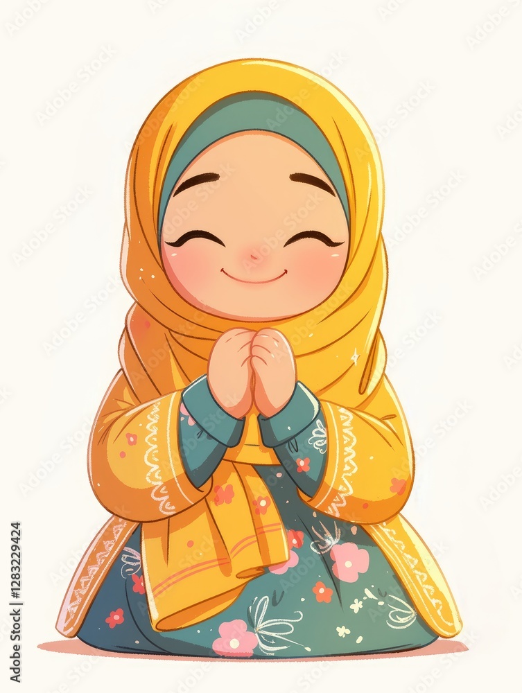 A cartoon illustration of a smiling young Muslim girl A cartoon illustration of a smiling young Muslim girl