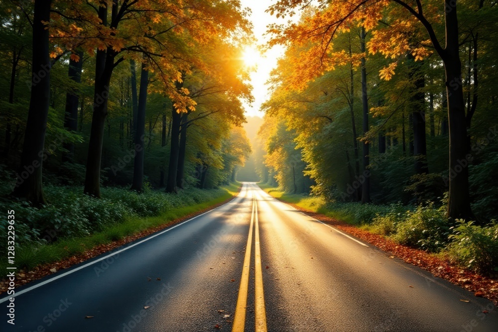 Obraz premium Golden Sunlight Illuminates a Scenic Autumn Road Through a Majestic Forest Canopy