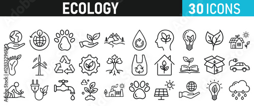 Ecology and Environment icons set. Ecology and Energy liner icons collection. Leaf, Eco friendly. Electric car, global warming, plant, weather. Vector illustration