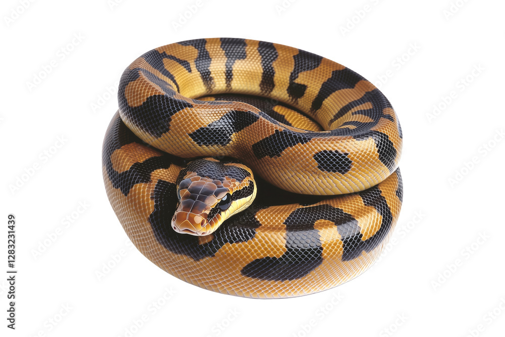 Coiled yellow and black patterned snake, isolated on white transparent background, reptiles or wildlife, symbolizing Chinese Lunar New year Coiled yellow and black patterned snake, isolated on white transparent background, reptiles or wildlife, symbolizing Chinese Lunar New year
