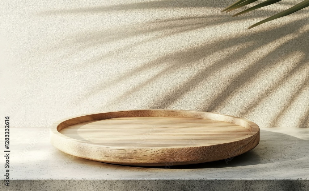 Wooden Display Tray Against Beige Wall with Palm Shadow Wooden Display Tray Against Beige Wall with Palm Shadow