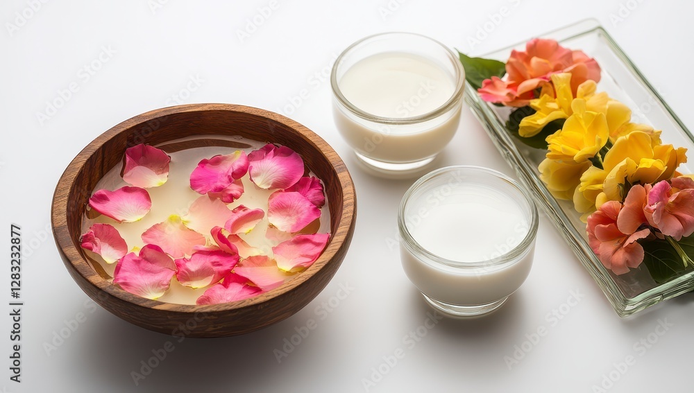 Top View Spa Still Life with Petals in Wooden Bowl and Milk in Glasses with Flowers Top View Spa Still Life with Petals in Wooden Bowl and Milk in Glasses with Flowers