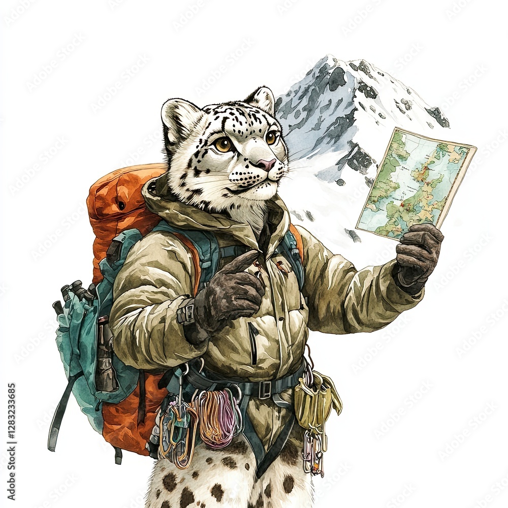 Fototapeta premium Snow leopard adventurer checks map while exploring a snowy mountain landscape with a backpack