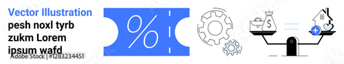 Percent symbol ticket, gears illustrating processes, and scales balancing money and house. Ideal for finance, economy, investment, strategy, business decision-making and analysis. Abstract line