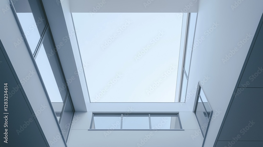 Obraz premium Interior view of a modern building with a skylight above it. the skylights are made of glass and are arranged in a way that creates a bright and airy atmosphere.