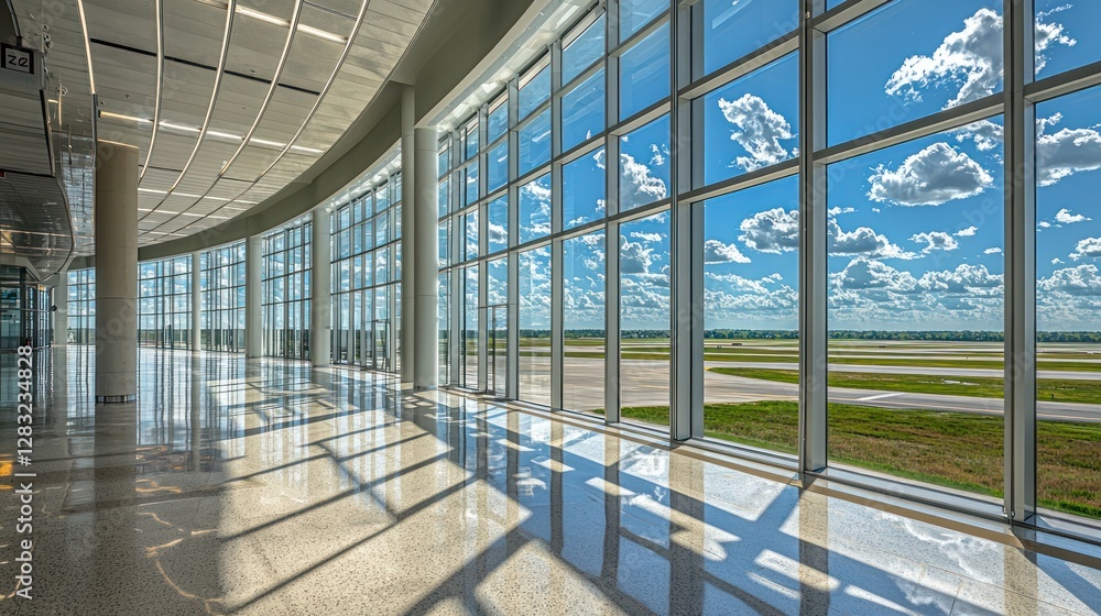 Obraz premium Airport Terminal Panoramic View: Modern Architecture and Sky