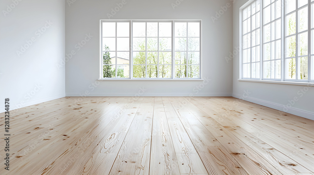 Empty room with hardwood floor and large windows showing trees Empty room with hardwood floor and large windows showing trees