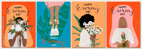 Set of International Womens Day greeting cards. 8 March cards design with lettering, girls, flowers and bouquets. Template for print, postcard, social media, promo. Vector colorful illustrations.