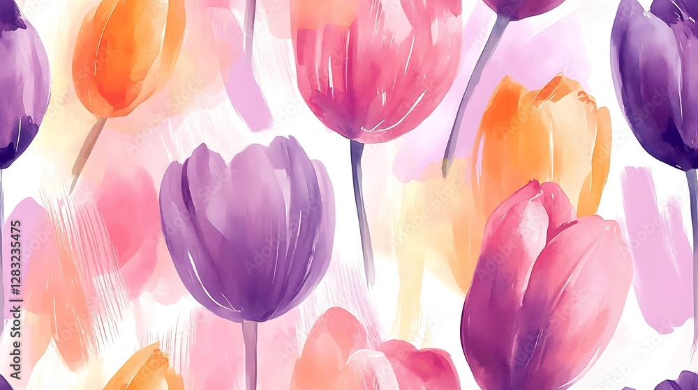 Fototapeta premium Hand-painted tulip floral pattern, soft pastel lavender, blush pink, and butter yellow hues, flowing watercolor brush textures, seamless botanical flow, airy and light floral ambiance, hd quality.