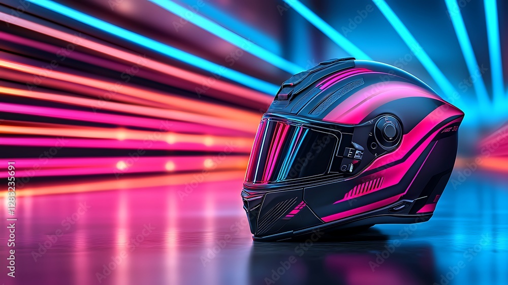 Fototapeta premium Futuristic Motorcycle Helmet with Neon Lights and Dynamic Background in Vibrant Colors