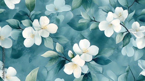 Hand-painted watercolor jasmine flowers in a seamless repeat pattern, soft white petals, pale green and blue foliage, delicate botanical aesthetics, airy composition, light pastel gradient,