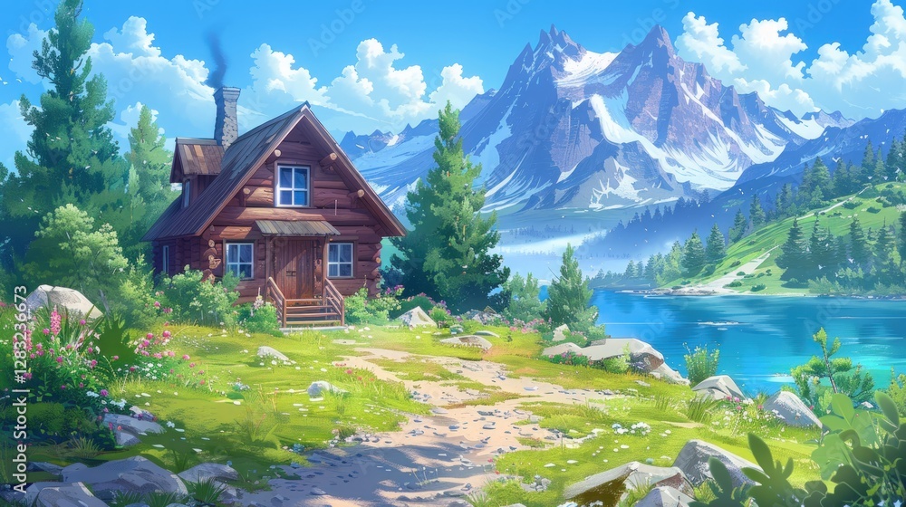 Fototapeta premium Serene Mountain Cabin by a Crystal Lake