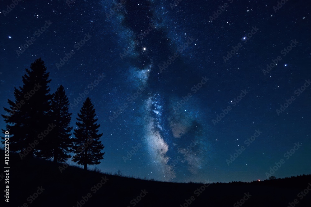 Obraz premium Serene Night Sky with Silhouetted Evergreens and the Milky Way's Celestial Display