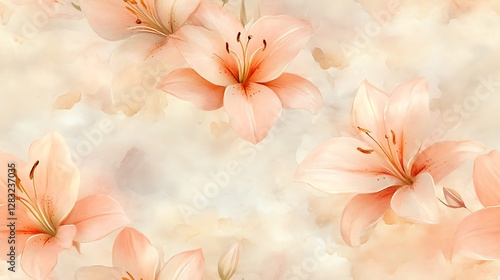 Romantic lily bloom pattern, seamless watercolor floral design, pastel pink and peach hues, delicate ivory petals, soft golden highlights, ethereal botanical elegance, dreamy hand-painted textures,