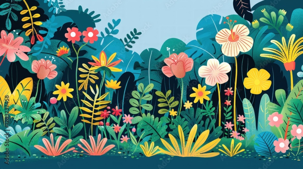 Obraz premium Vibrant Tropical Paradise: A Lush Floral Illustration