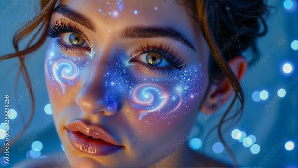A woman with long brown hair and brown eyes is looking at the camera. The image has a futuristic feel to it, with a blue background and a circular pattern A woman with long brown hair and brown eyes is looking at the camera. The image has a futuristic feel to it, with a blue background and a circular pattern