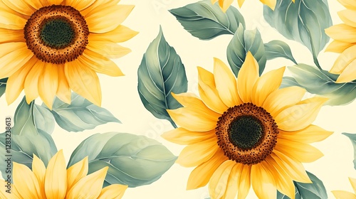 Soft pastel sunflower bloom pattern, seamless watercolor floral design, muted sage green leaves complementing delicate yellow petals, dreamy botanical aesthetic, airy hand-painted details,