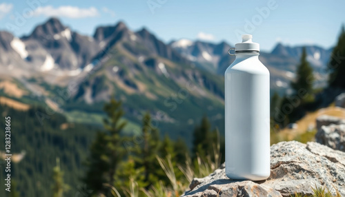 White water bottle - mockup for text or logo, leaning on a rock on a hiking trail, mountains in the background, bright sunny day with clouds