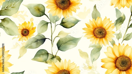 Soft pastel sunflower bloom pattern, seamless watercolor floral design, muted sage green leaves complementing delicate yellow petals, dreamy botanical aesthetic, airy hand-painted details,