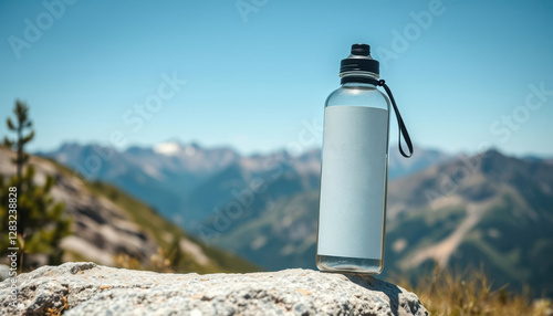 White water bottle - mockup for text or logo, leaning on a rock on a hiking trail, mountains in the background, bright sunny day with clouds