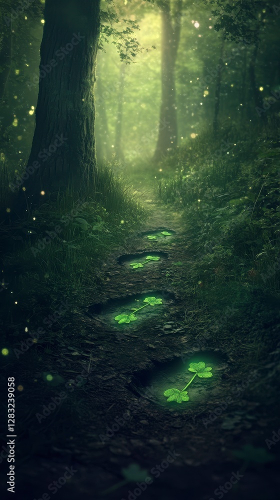 Glowing Shamrocks And Fireflies On Forest Path Glowing Shamrocks And Fireflies On Forest Path