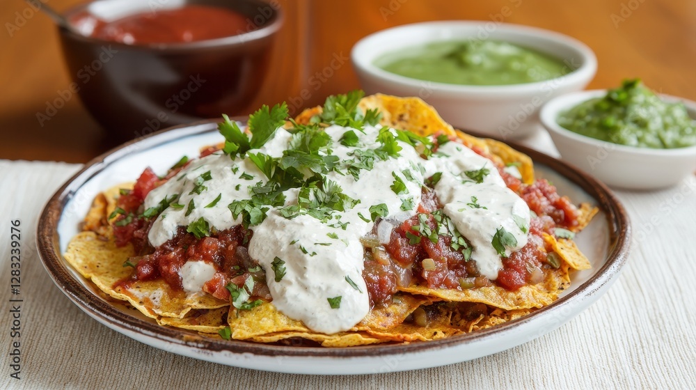 A delicious plate of nachos topped with beans, cheese, sour cream, and fresh cilantro, accompanied by bowls of salsa and green sauce. A delicious plate of nachos topped with beans, cheese, sour cream, and fresh cilantro, accompanied by bowls of salsa and green sauce.