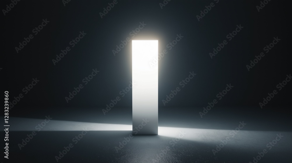 Tall, rectangular light fixture in the center of a dark room. the light is shining brightly, casting a long shadow on the floor below it.