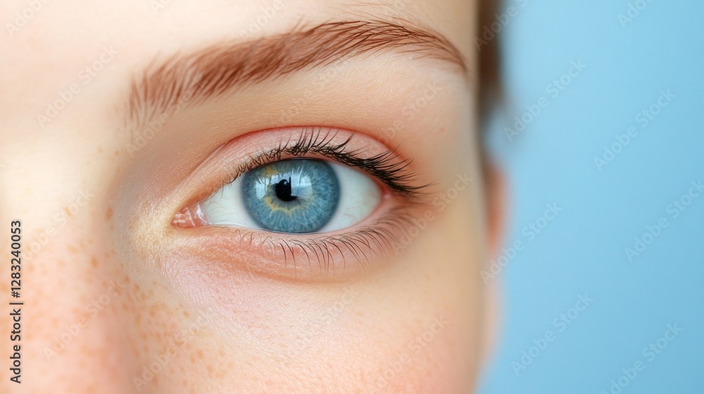 Obraz premium A close-up reveals the enchanting blue eyes of a young woman, reflecting light and vibrancy. Her flawless skin is accentuated by soft, natural makeup, creating a serene and intimate atmosphere