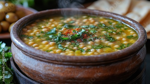 Hot chickpea soup, earthenware bowl, Middle Eastern cuisine photo