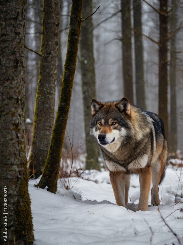Fototapeta premium a wild wolf in a cold forest 