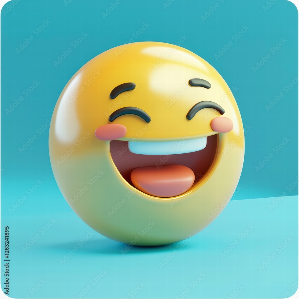 Fototapeta premium Emoji of Pure Delight: Capturing a sense of joy, a vibrant emoji with an open mouth and cheerful expression, is set against a soft blue backdrop, embodying humor, fun, and digital communication.