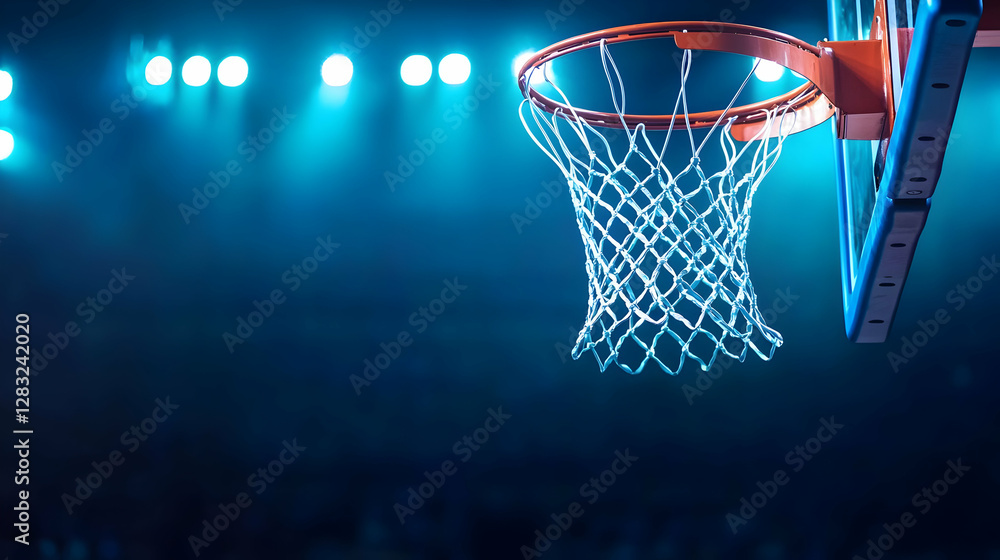 Basketball Hoop And Net Illuminated By Bright Blue Lights Against Blurred Background