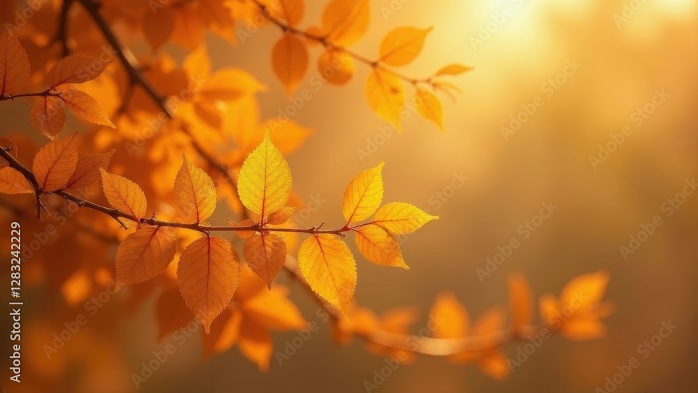 Golden Autumn Leaves Illuminated by the Warm Sunset Glow on a Branch Golden Autumn Leaves Illuminated by the Warm Sunset Glow on a Branch