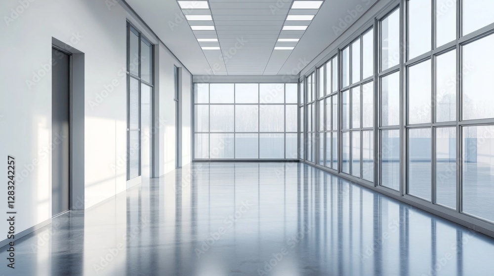 In an empty corridor, expansive tall windows flood the space with gentle sunlight, creating a tranquil atmosphere. Smooth floors and minimalist walls enhance the calm ambiance