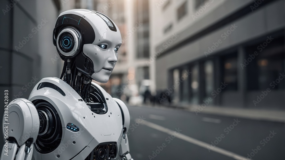Fototapeta premium AI robot, futuristic humanoid with sleek white design and glowing blue eyes, advanced artificial intelligence in an urban city street..