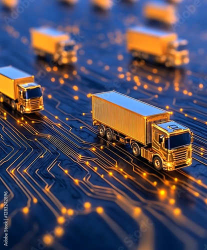 Golden trucks on a circuit board represent digital logistics