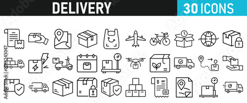 Delivery service icon set. Order tracking, delivery home, warehouse, truck, scooter, courier and cargo icons vector collection 